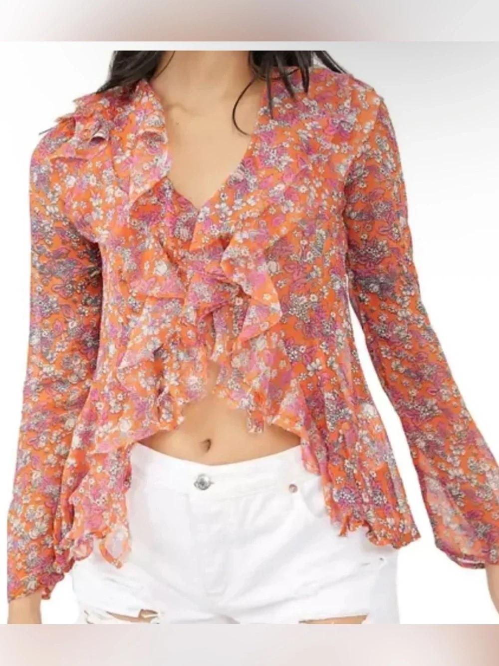 Free People Nina Top Womens Small Tulips Ditsy Ruffled Sheer Hippie Boho Pink